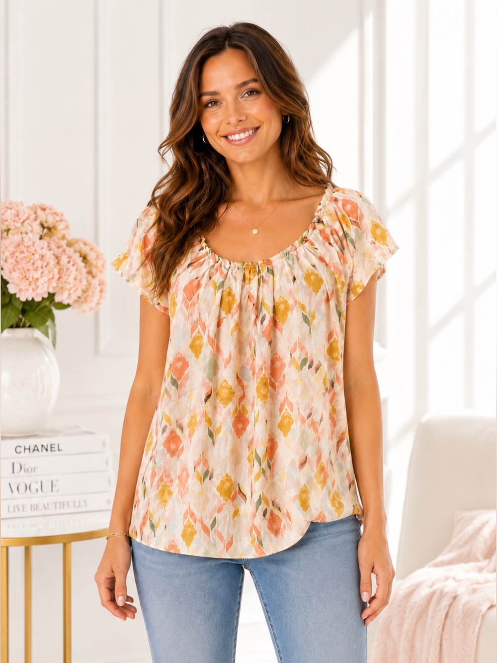 LC Lauren Conrad Peach Abstract Flutter Sleeve Blouse Scoop Neck Romantic NWT XL
